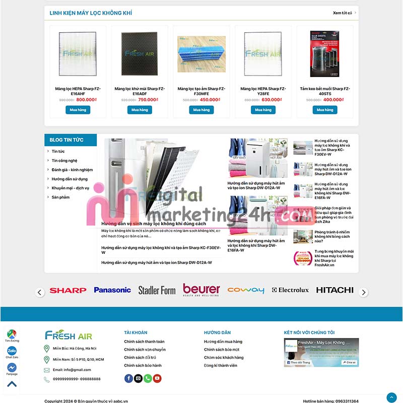Chân trang theme mẫu WordPress bán máy lọc khí, đồ gia dụng