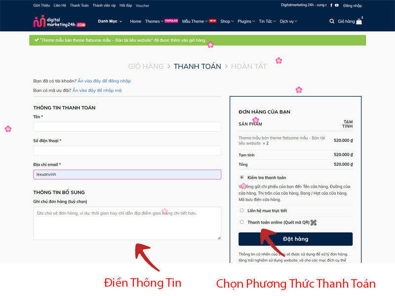 Bước 2 điền thông tin và chọn phương thức thanh toán