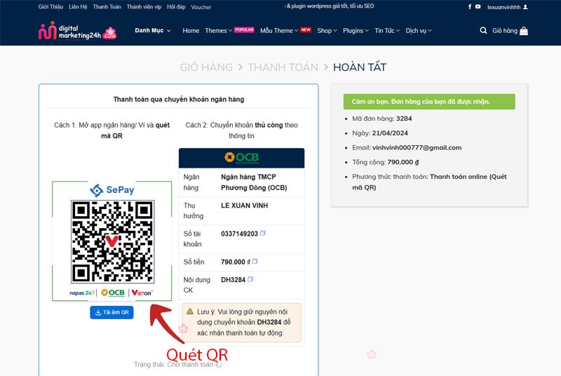 Bước 3 quét mã QR thanh toán