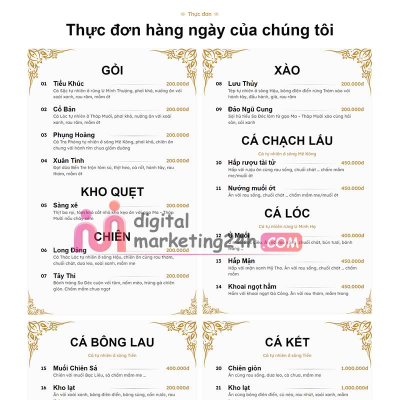 Phần menu theme mẫu nhà hàng, gọi món đẹp đơn giản