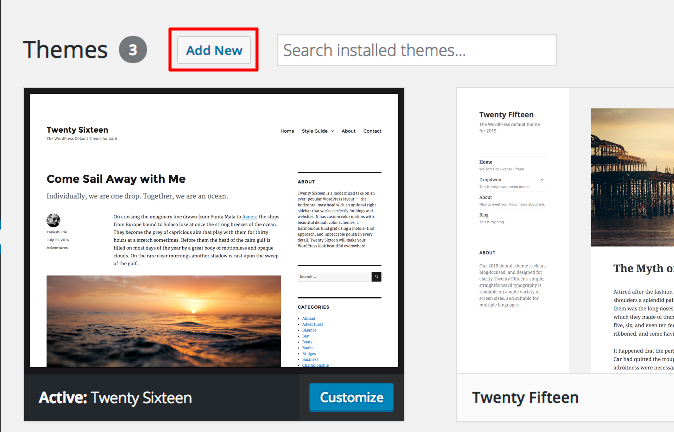 Nhấn nút Add New để truy cập directory WordPress.