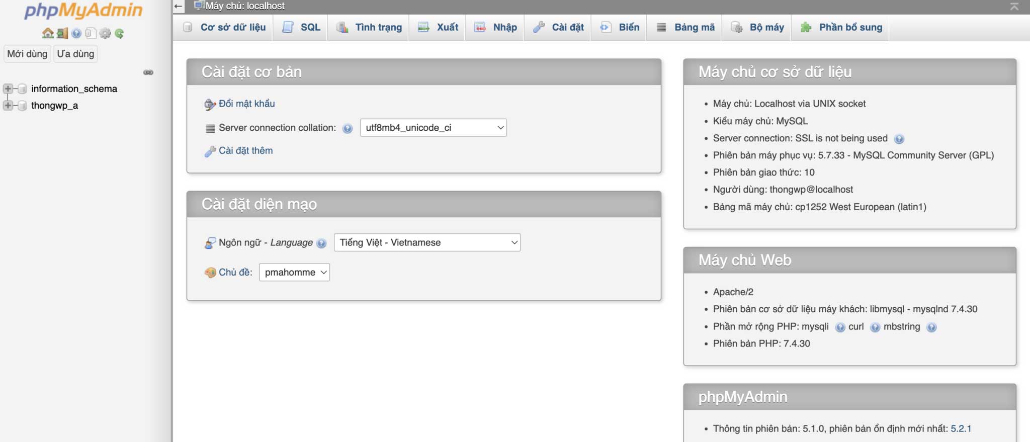 Giao Diện PhpMyAdmin