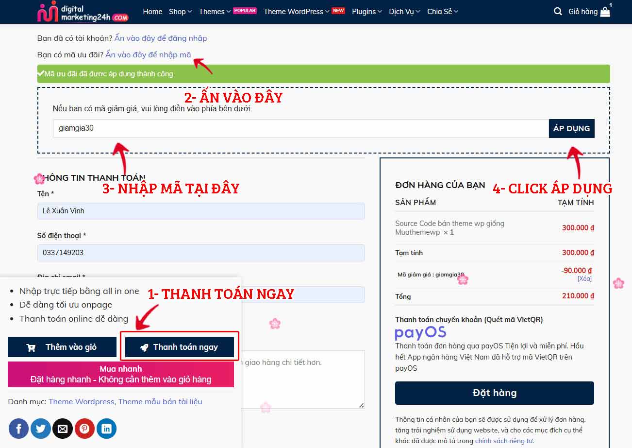 Áp mã giảm giá trong trang Thanh Toán