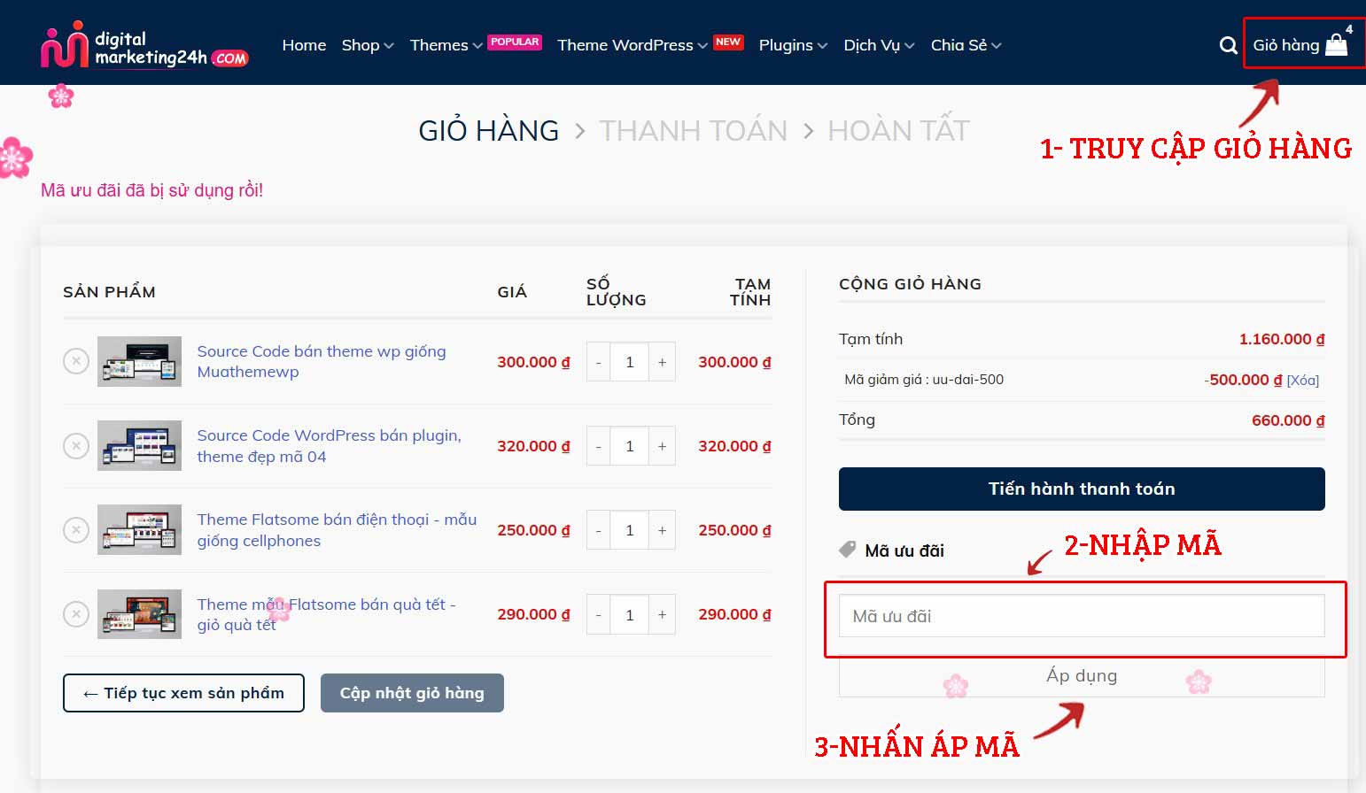 Hướng dẫn áp mã giảm giá khi mua theme và plugin tại Wp Vexa