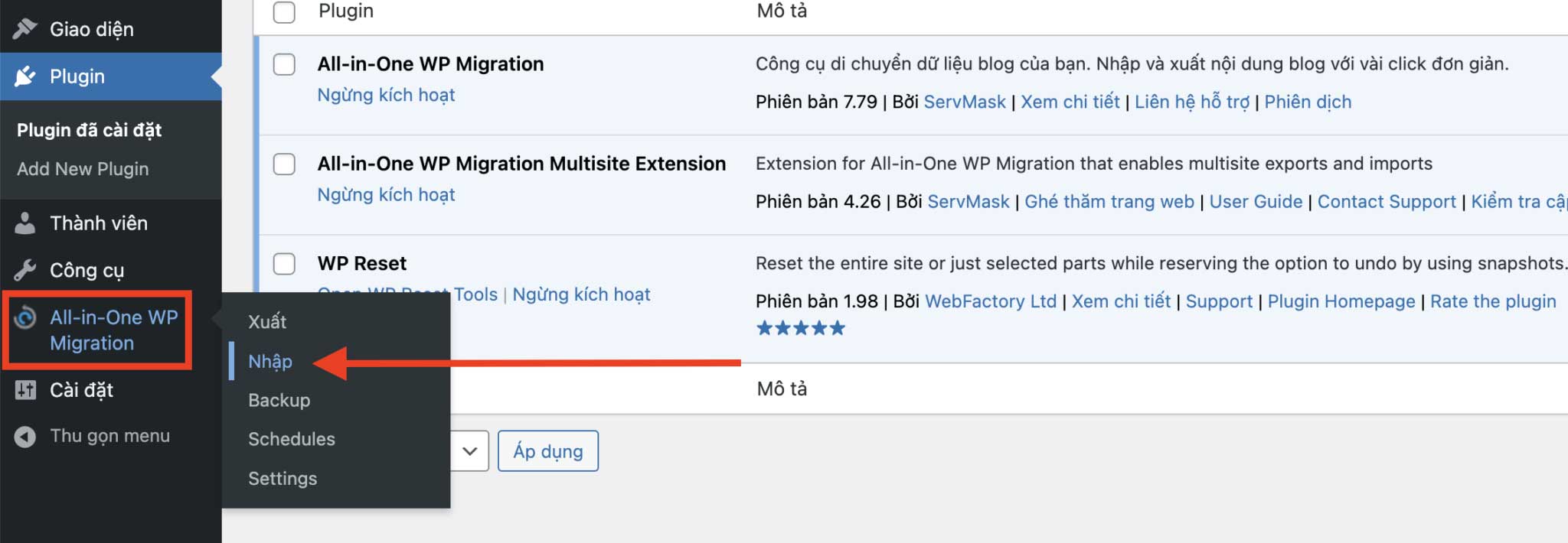 Hình ảnh nhập theme website wordpress bằng all in one